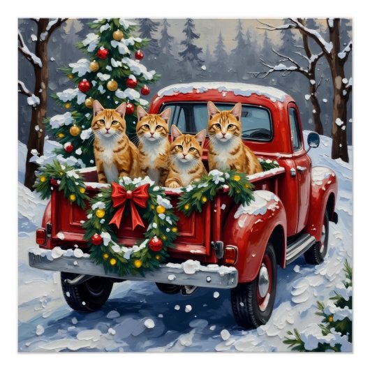 Turkish Angora Cat Christmas Red Truck Holiday ポスター (正面)