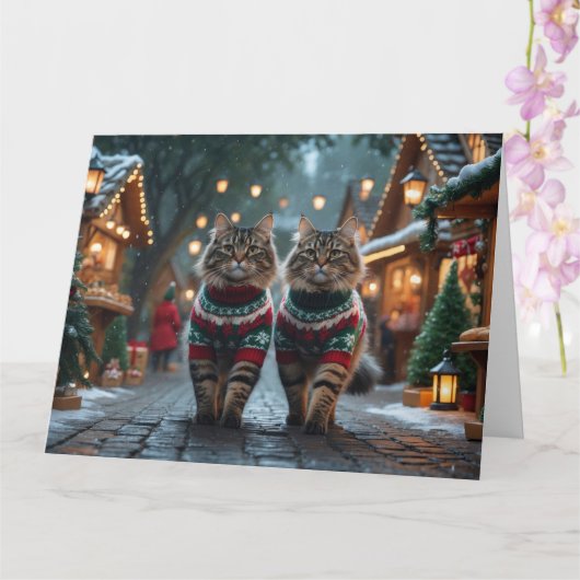 Turkish Angora Cats Christmas Snow Holiday カード (蘭)