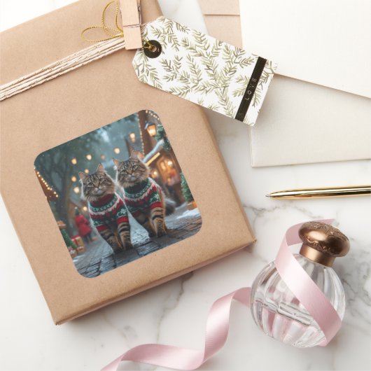 Turkish Angora Cats Christmas Snow Holiday スクエアシール (ギフト)