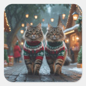 Turkish Angora Cats Christmas Snow Holiday スクエアシール (正面)