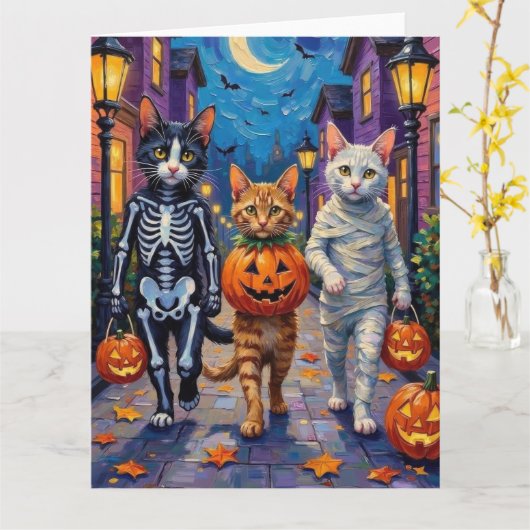 Turkish Angora Cats In Halloween Costumes カード (黄色い花)