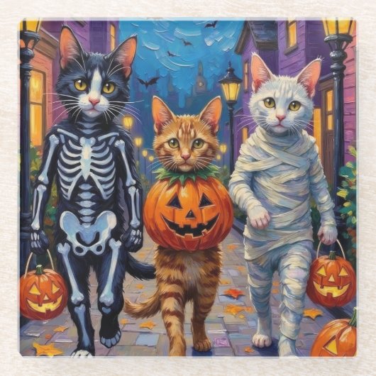 Turkish Angora Cats In Halloween Costumes ガラスコースター (正面)