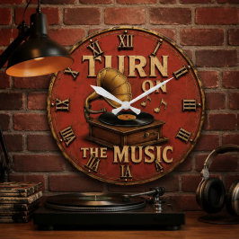 Turn On the Music Vintage Gramophone Record Player ラージ壁時計