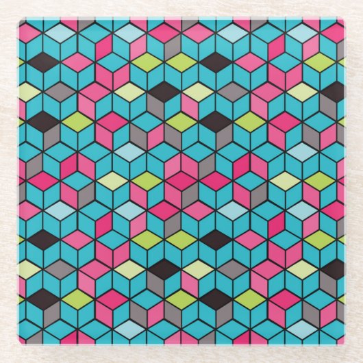 Turqouiseおよびピンクの立方体パターン ガラスコースター (正面)