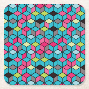 Turqouiseおよびピンクの立方体パターン スクエアペーパーコースター