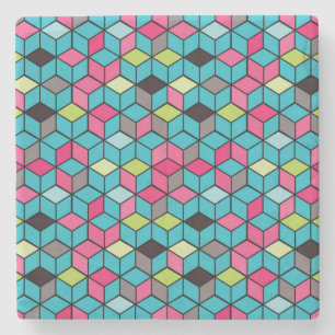 Turqouiseおよびピンクの立方体パターン ストーンコースター