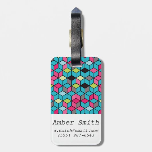 Turqouiseおよびピンクの立方体パターン ラゲッジタグ (裏面縦)