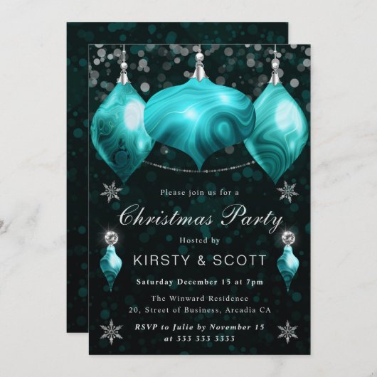 Turquoise Agate Baubles Christmas Dinner Party 招待状 (正面/裏面)