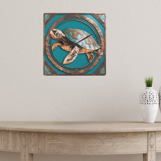 Turquoise and Copper Framed Sea Turtle wall clock スクエア壁時計