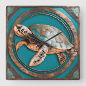 Turquoise and Copper Framed Sea Turtle wall clock スクエア壁時計 (正面)
