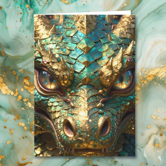Turquoise and Gold Dragon Birthday カード