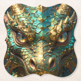 Turquoise and Gold Dragon Face ペーパーコースター