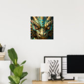 Turquoise and Gold Dragon Face ポスター (ホームオフィス)