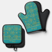Turquoise and Gold Personalized 鍋つかみ&鍋敷きセット (正面/裏面)