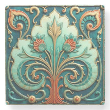 Turquoise and Orange Floral Ornament Stone Coaster