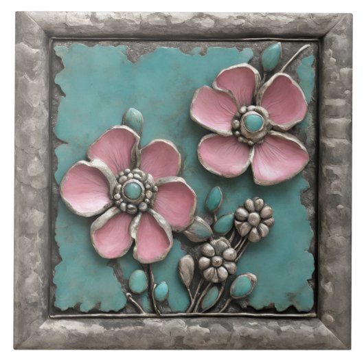 Turquoise and pink Floral Art with silver frame タイル (正面)