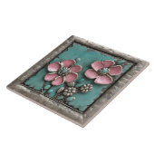 Turquoise and pink Floral Art with silver frame タイル (側面)