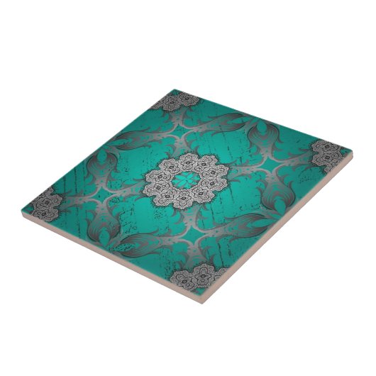Turquoise and Silver Ornamental Mandala luxury  タイル (側面)