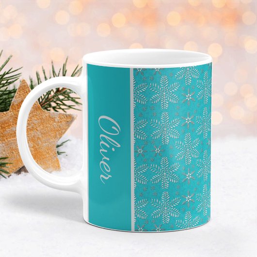 Turquoise and Silver Snowflakes Christmas Mug コーヒーマグカップ