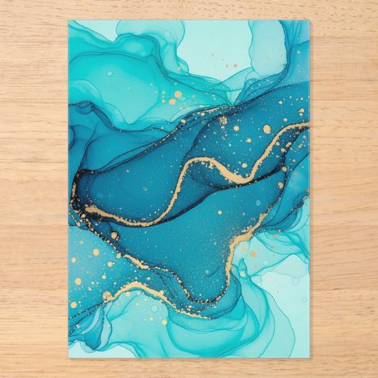 Turquoise and Teal Alcohol Ink Abstract with Gold  アクリル招待状 (正面)