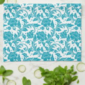 Turquoise and White Floral Damask Pattern キッチンタオル (折り畳み)