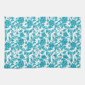 Turquoise and White Floral Damask Pattern キッチンタオル (横)