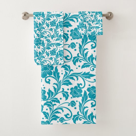 Turquoise and White Floral Damask Pattern バスタオルセット (インサイチュ)