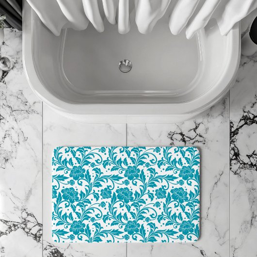 Turquoise and White Floral Damask Pattern バスマット