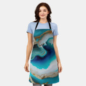Turquoise Aqua Blue Gold Gemstone Acrylic Pour Art エプロン (着用した状態)