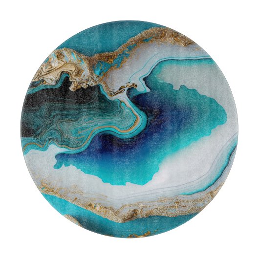 Turquoise Aqua Blue Gold Gemstone Acrylic Pour Art カッティングボード (正面)
