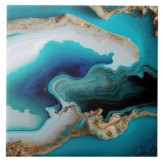 Turquoise Aqua Blue Gold Gemstone Acrylic Pour Art タイル (正面)