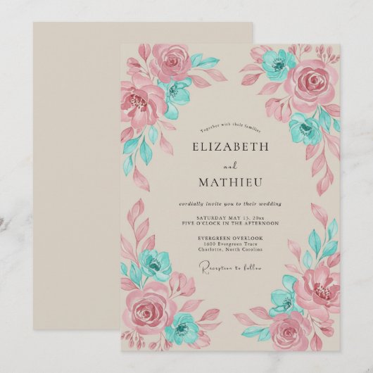 Turquoise Artistic Boho Wedding 招待状 (正面/裏面)