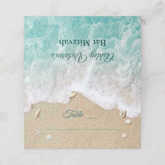 Turquoise Beach Waves Bat Mitzvah Folded プレイスカード (外部開封)