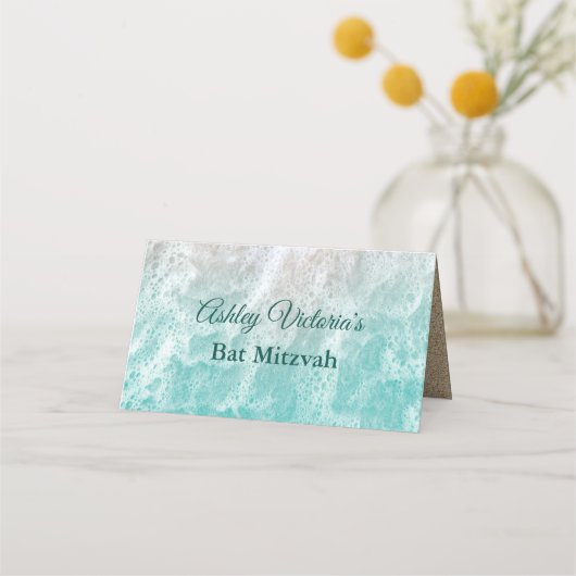 Turquoise Beach Waves Bat Mitzvah Folded プレイスカード (裏面)