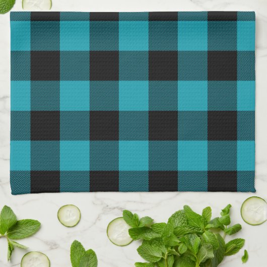 Turquoise Black Buffalo Check Plaid Rustic キッチンタオル (折り畳み)