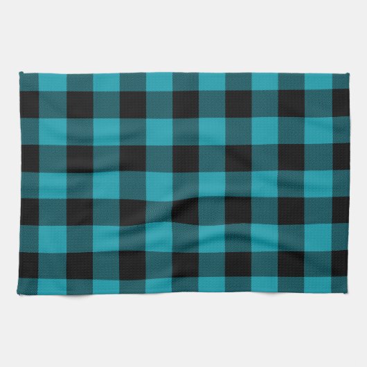 Turquoise Black Buffalo Check Plaid Rustic キッチンタオル (横)