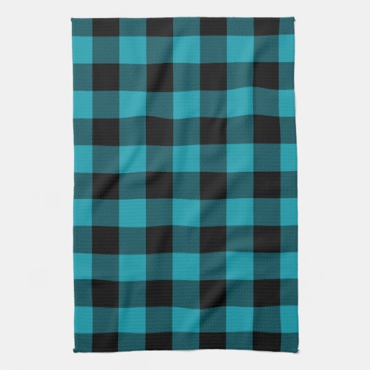 Turquoise Black Buffalo Check Plaid Rustic キッチンタオル (縦)