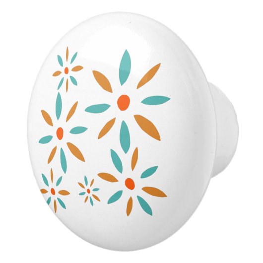 Turquoise Blue And Orange Mid Century Flowers セラミックノブ (右)