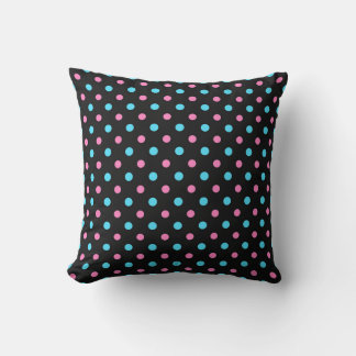 turquoise blue and persian pink on black polka dot クッション