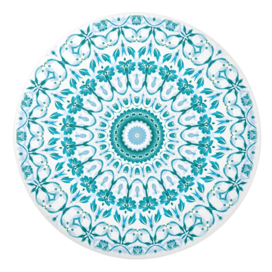 Turquoise Blue Floral Mandala セラミックノブ (正面)