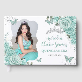 Turquoise Blue Floral Silver Quinceanera 16 Photo ゲストブック