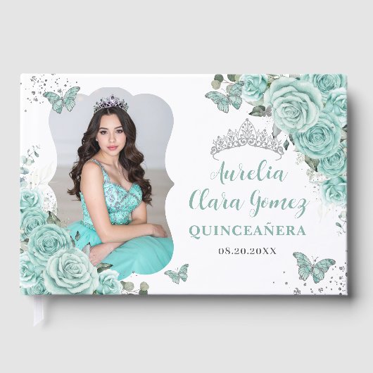 Turquoise Blue Floral Silver Quinceanera 16 Photo ゲストブック (正面)