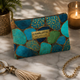 Turquoise Blue Gold Pebble Luxury Teal Stone Mosa アクセサリーポーチ