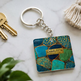 Turquoise Blue Gold Pebble Luxury Teal Stone Mosa キーホルダー
