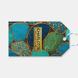 Turquoise Blue Gold Pebble Luxury Teal Stone Mosa ギフトタグ