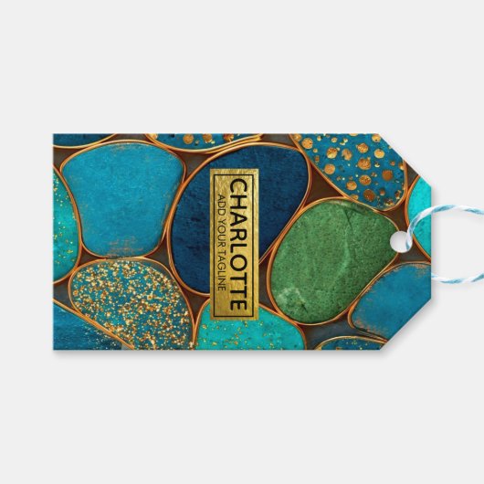 Turquoise Blue Gold Pebble  Luxury Teal Stone Mosa ギフトタグ (正面(横))