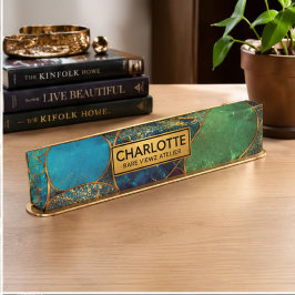 Turquoise Blue Gold Pebble Luxury Teal Stone Mosa デスクネームプレート