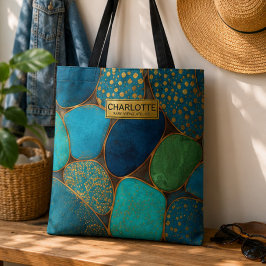 Turquoise Blue Gold Pebble Luxury Teal Stone Mosa トートバッグ