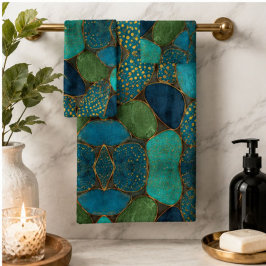 Turquoise Blue Gold Pebble Luxury Teal Stone Mosa バスタオルセット