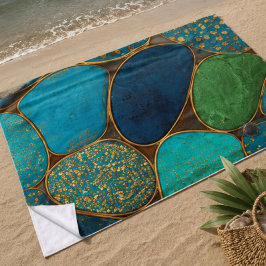 Turquoise Blue Gold Pebble Luxury Teal Stone Mosa ビーチタオル
